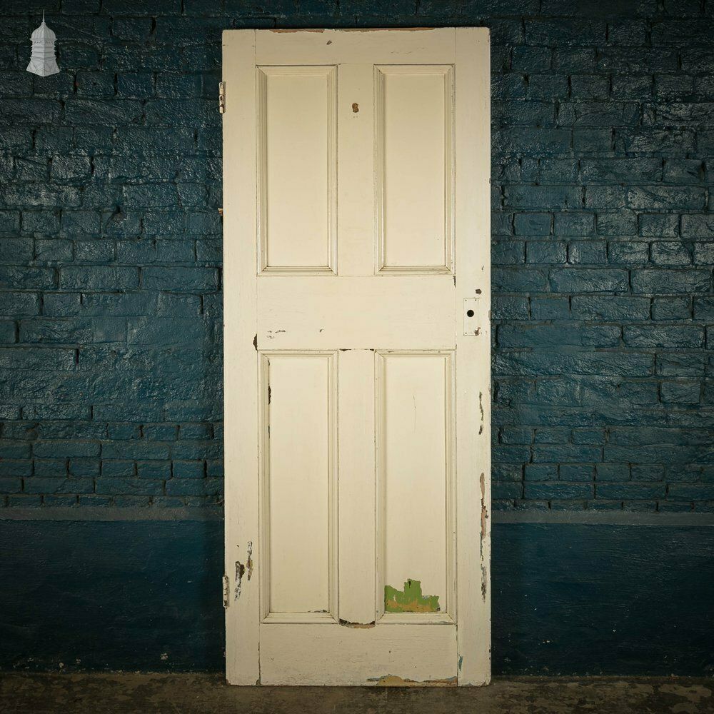photo for sale Pine Panelled Door, Moulded 4 Panel, White And Green Distressed Paint Finish