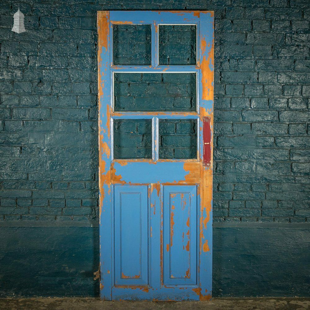 Half Glazed Door, Pine With Blue Painted Finish photo vintage