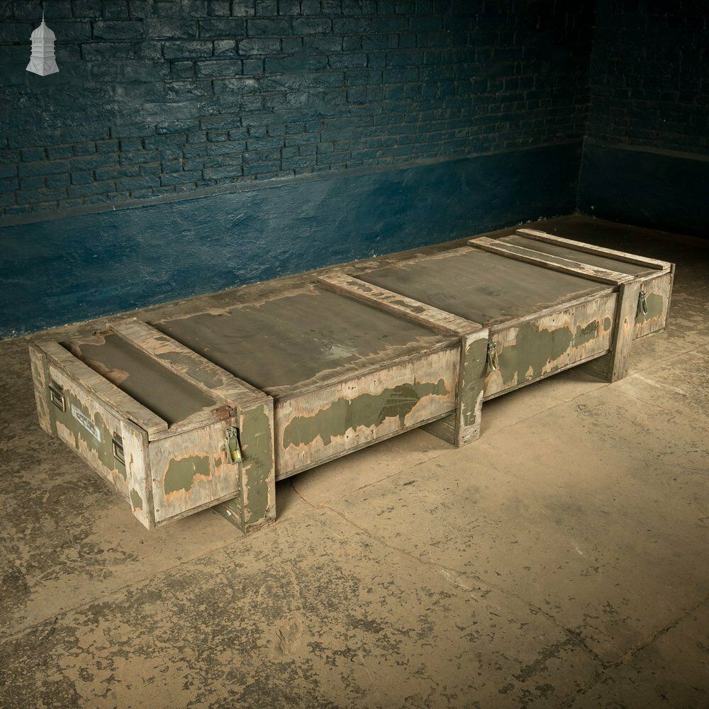 Military Shipping Crates, Pair Of Green Painted Wooden Aircraft Part Shipping Boxes Reclaimed From A Norfolk Raf Base photo vintage