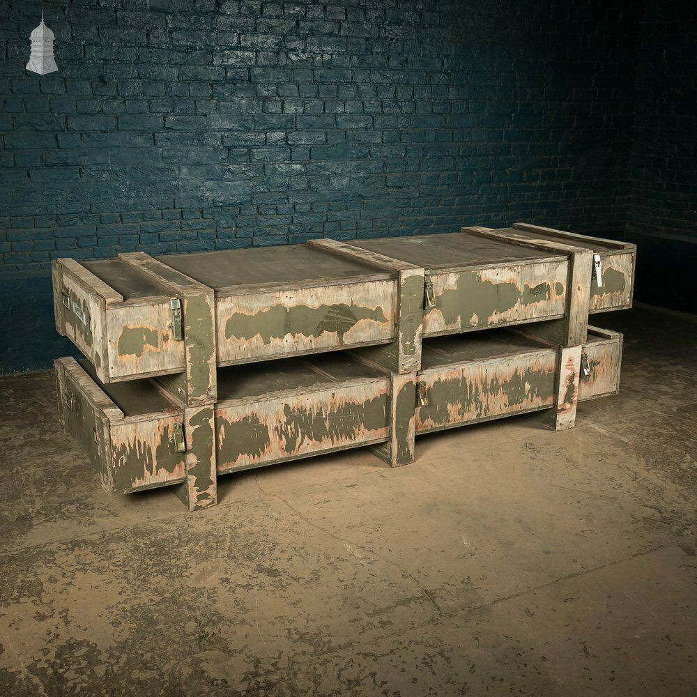 Military Shipping Crates, Pair Of Green Painted Wooden Aircraft Part Shipping Boxes Reclaimed From A Norfolk Raf Base