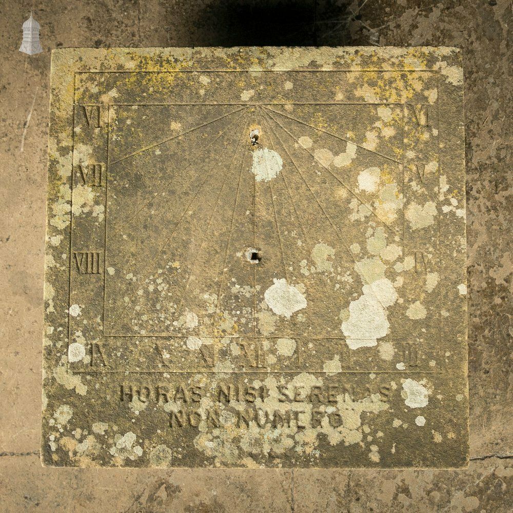 Vertical Sundial Base, 19th C Sandstone Wall Sun Dial – “I Do Not Count The Hours Unless They Are Clear”.