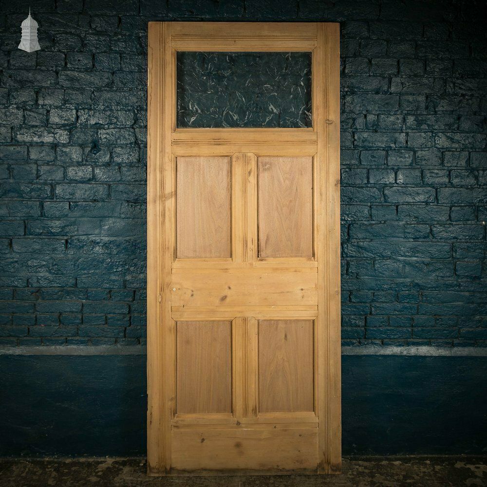 Glazed Pine Door, 5 Panel 19th C With Textured ‘Autumn Leaf’ Style Glazing photo vintage