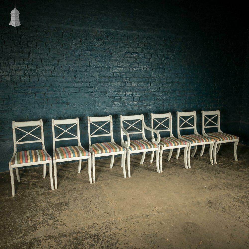 Mahogany Dining Chairs, Set Of 7 20th C Cross Back Chairs With Reeded Legs, Later Reupholstery And Distressed Paint Finish photo furniture