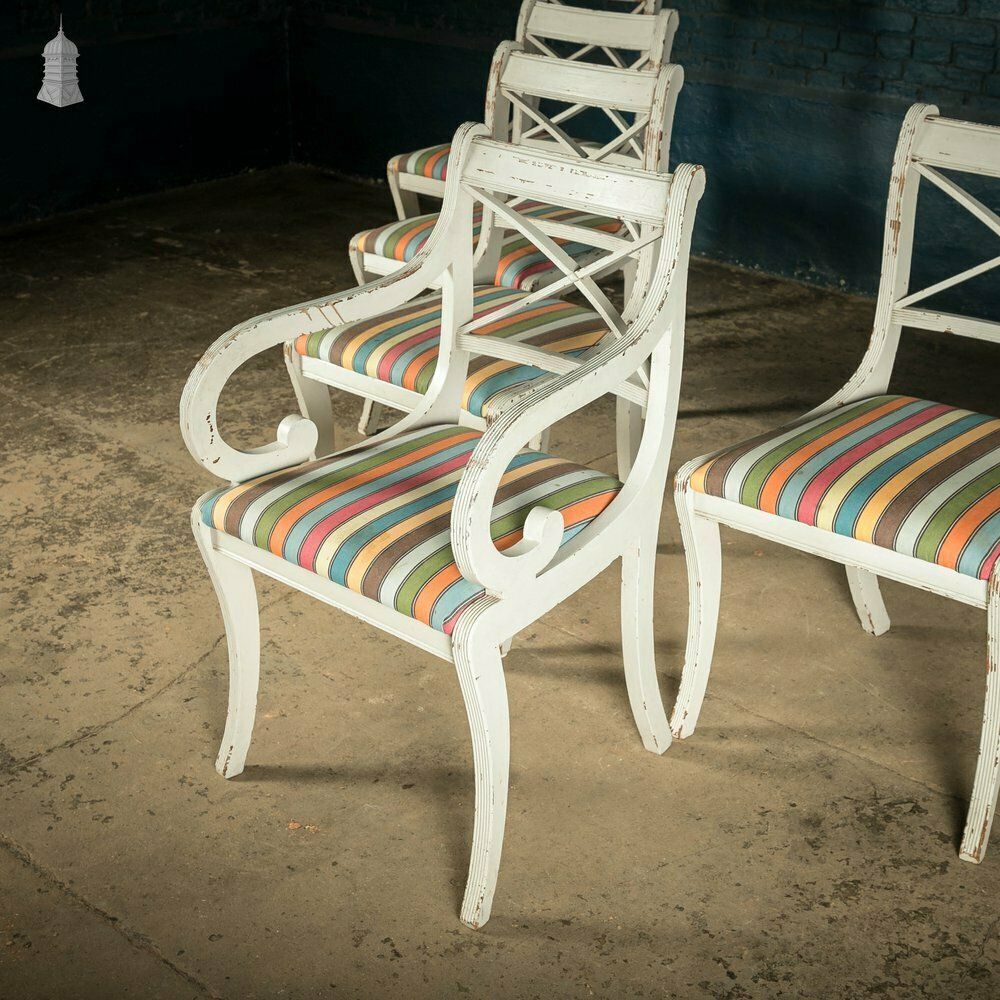Mahogany Dining Chairs, Set Of 7 20th C Cross Back Chairs With Reeded Legs, Later Reupholstery And Distressed Paint Finish photo for sale