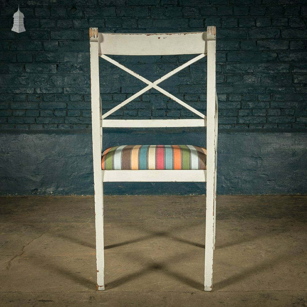 810.0 Mahogany Dining Chairs, Set Of 7 20th C Cross Back Chairs With Reeded Legs, Later Reupholstery And Distressed Paint Finish photo