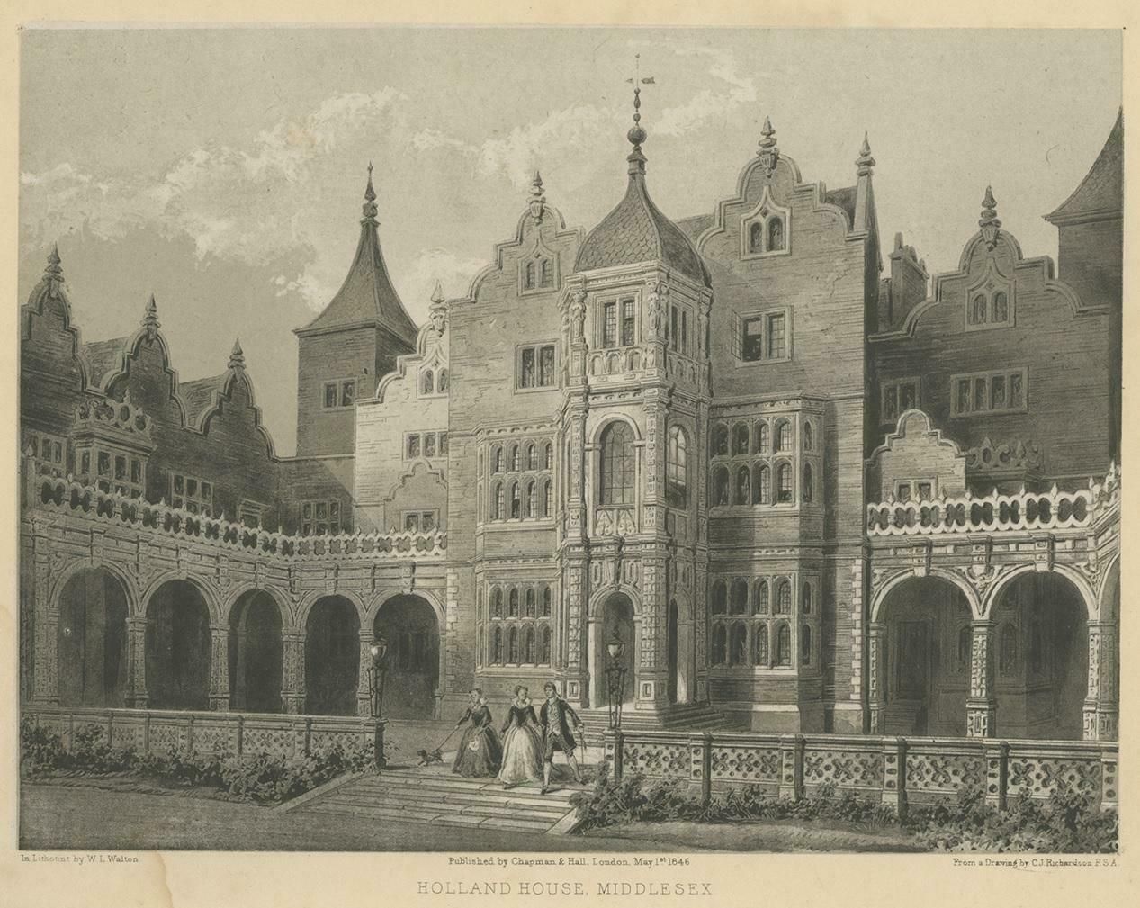 Antique Print Of The Holland House In Middlesex By Hall, 1846 photo for sale