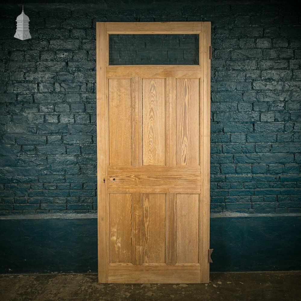 Glazed Pine Door, 7 Panel Pitch Pine, Top Panel Glazed With Wired Glass