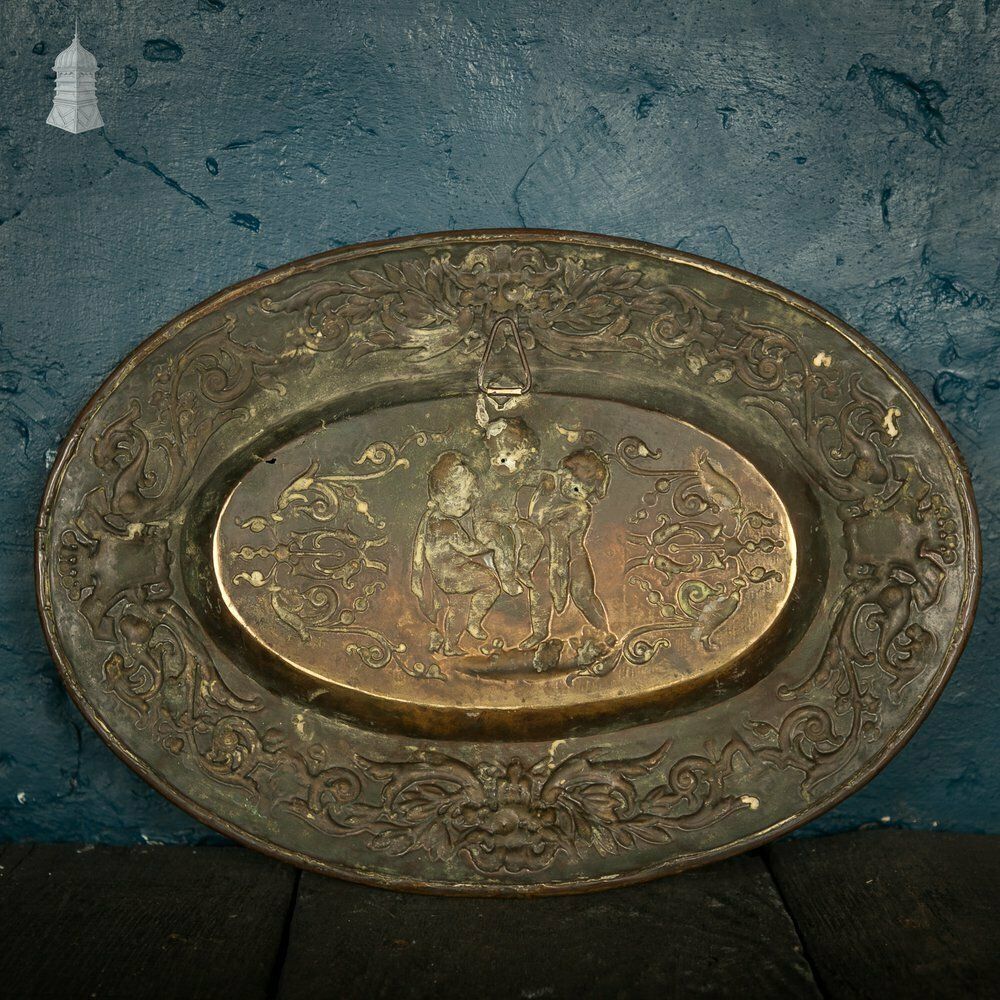 Brass Charger Plate, 18th C French, Oval With Embossed Detail Depicting Cherubs photo vintage