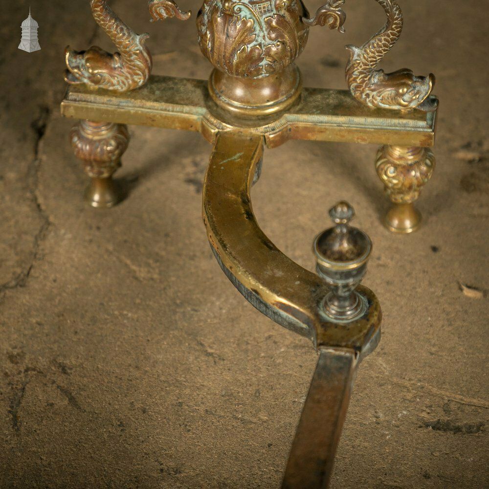 photo for sale Brass Fire Dogs, Ornate 19th C Dolphin Design, Pair