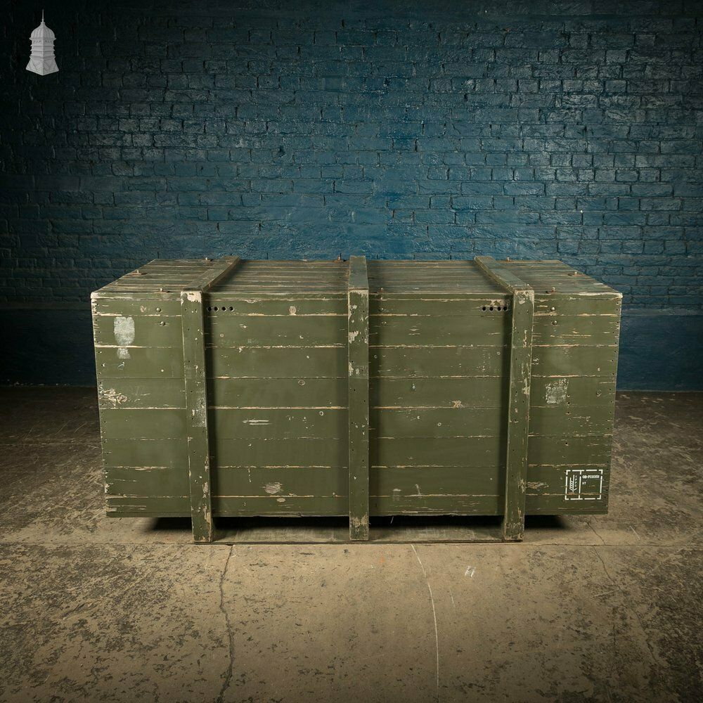 Military Shipping Crates, Pair Of Green Painted Wooden Aircraft Part Shipping Boxes Reclaimed From A Norfolk Raf Base photo vintage