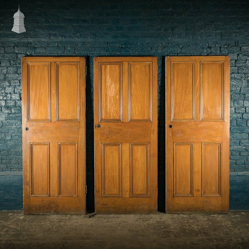 Mahogany Paneled Doors, Set Of 3 19th C Hardwood, Gunstock, 4 Panel Doors
