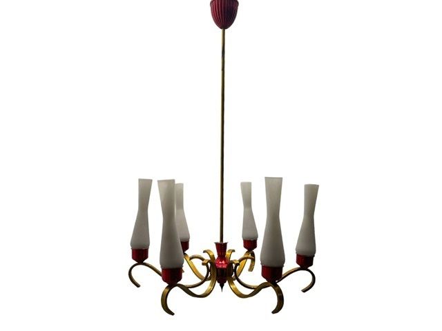 Brass Red Opaline Glass Chandelier 1950’s