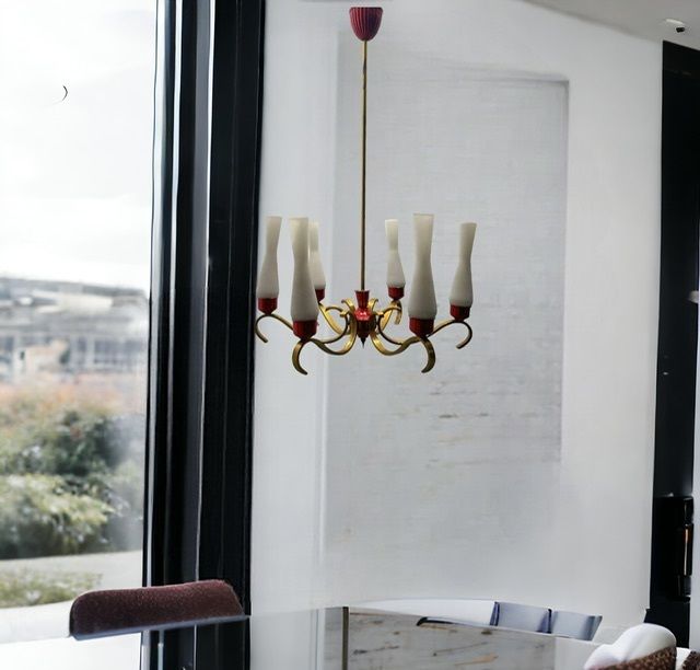 Brass Red Opaline Glass Chandelier 1950’s photo Lighting