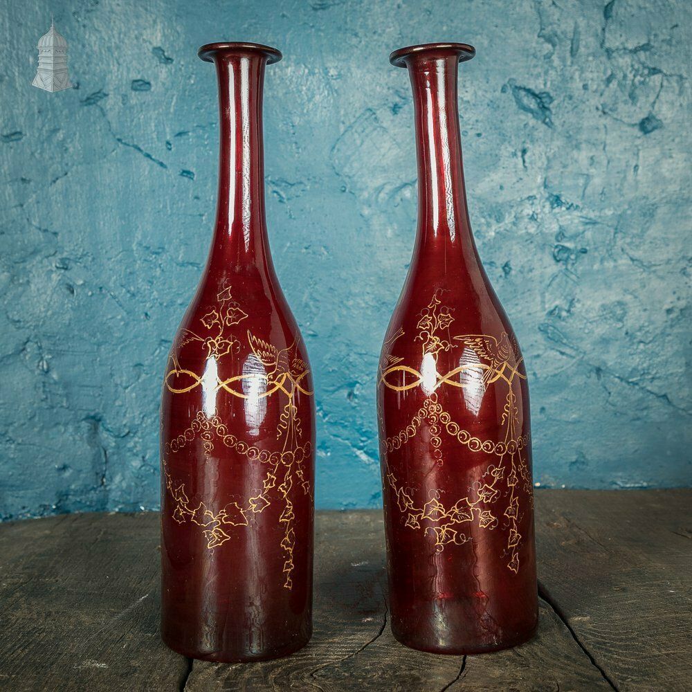 Bohemian Ruby Decanters, Etched Flashed Ruby Red Glass Decorated With Grapes And Vines, 19th C photo 420.0