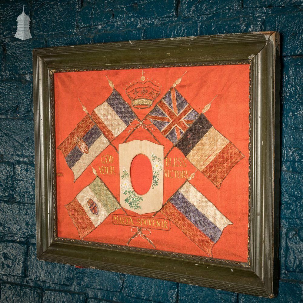 Allied Flags Embroidered Panel, ‘God Bless Your Victory Malta Souvenir’ Framed photo 300.0