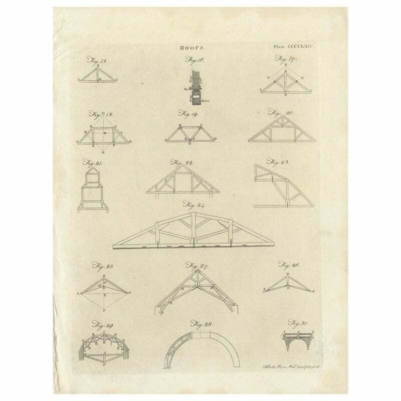 Pl. 465 Antique Print Of Roof Structures By Bell, C.1810