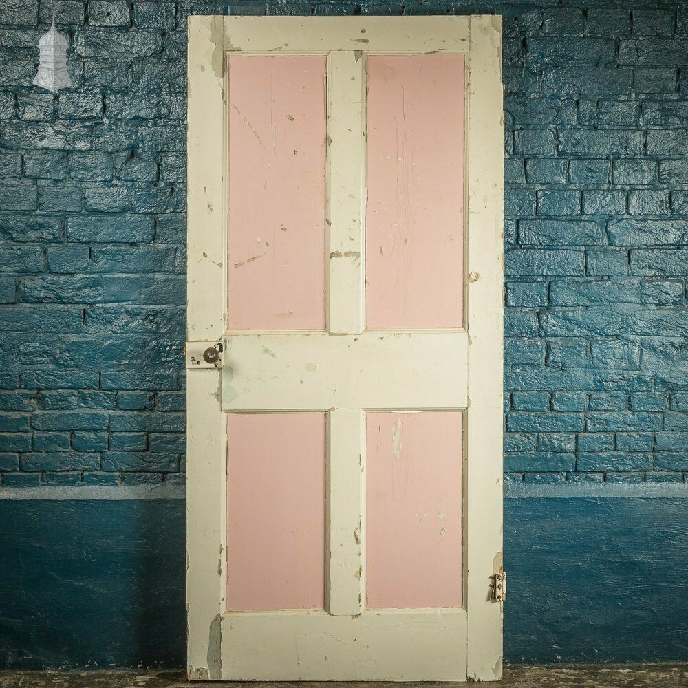 Paneled Internal Door, Pink And Cream Painted Victorian Pine, 4 Panel