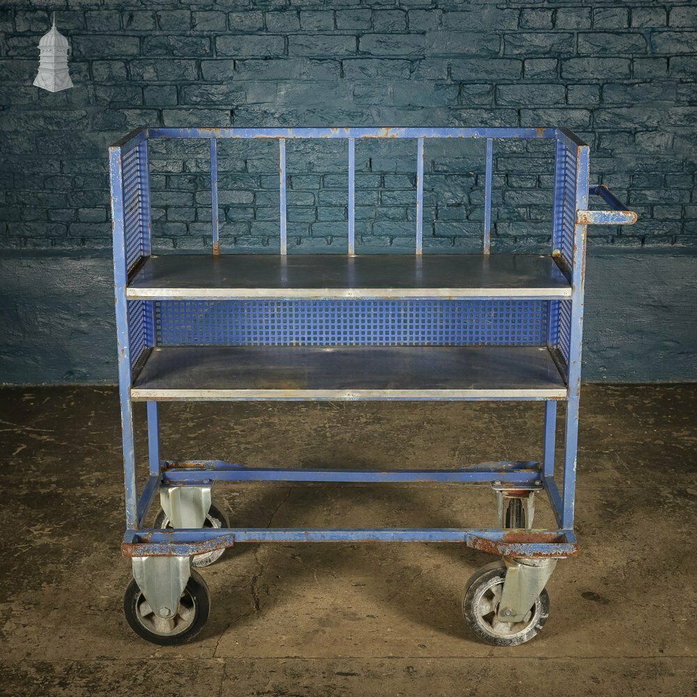 Vintage Blue Steel Wheeled Industrial Trolley Shelf Unit photo Furniture