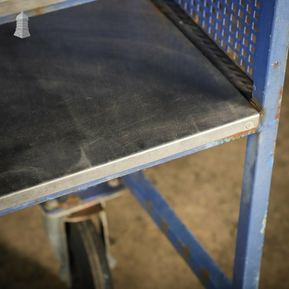 Vintage Blue Steel Wheeled Industrial Trolley Shelf Unit photo buy