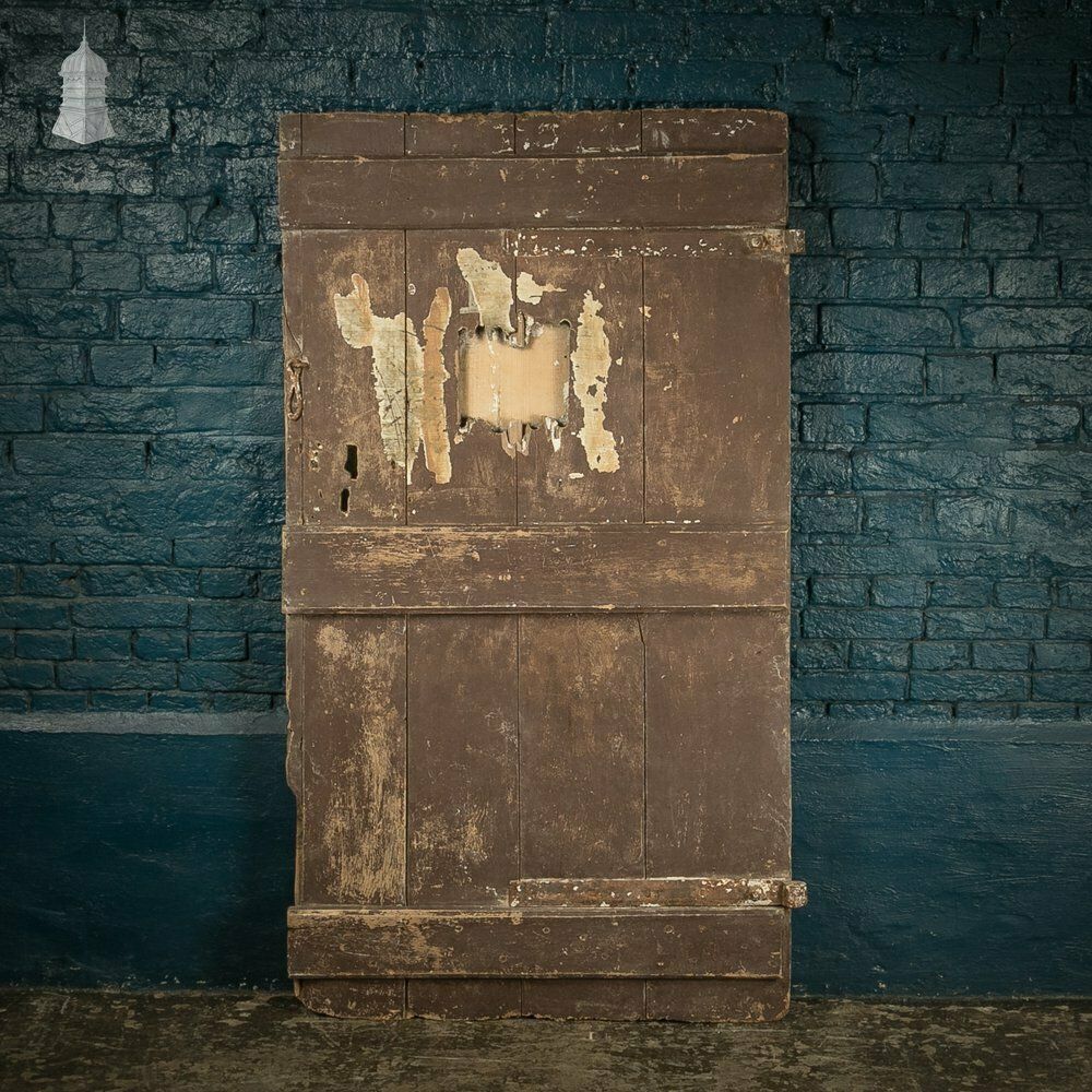 Hardwood Barn Door, 18th C Braced And Ledged With Period Repair And Distressed Brown Paint Finish photo vintage