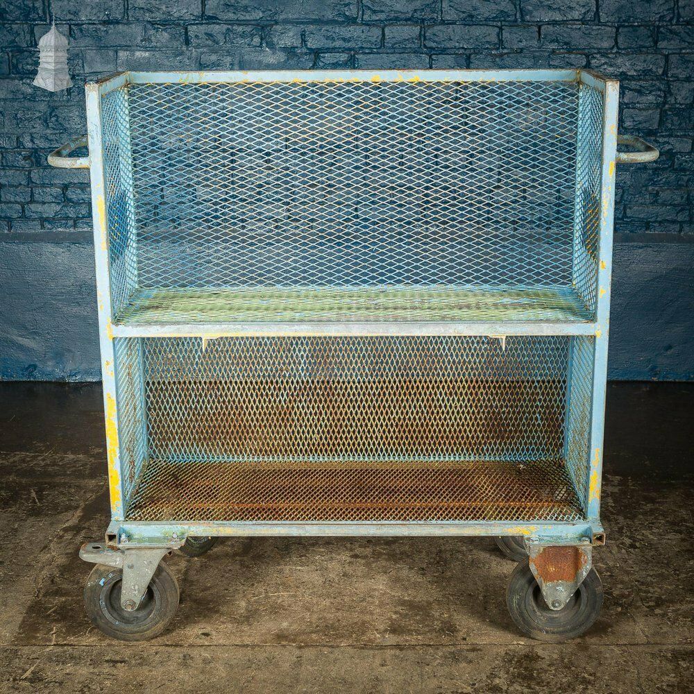 photo buy Vintage Industrial Blue Steel Trolley Mobile Shelving Unit