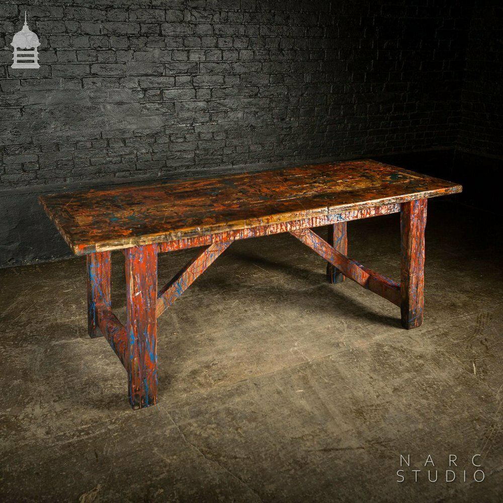 Narc Studio Pine Splay Leg Trestle Table With Abstract Painted Finish photo furniture