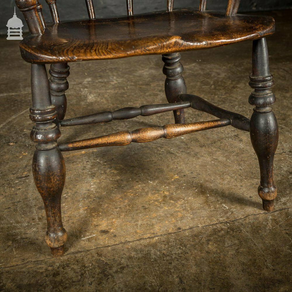 19th C Captains Bow Seat Smokers Chair With Turned Arm Supports And Double H Stretcher photo vinterior