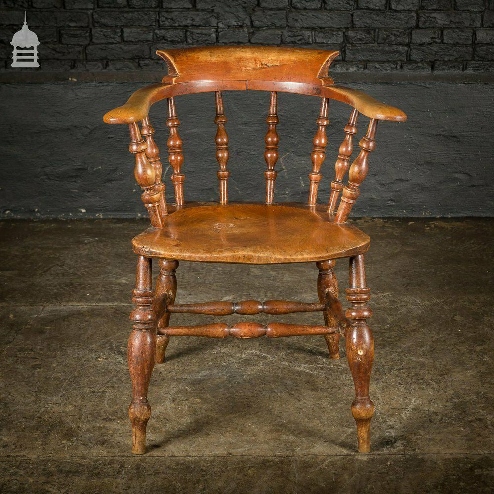 photo furniture 19th C Elm Captains Bow Seat Smokers Chair With Turned Arm Support And Double H Stretcher