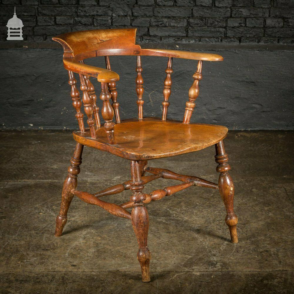 Furniture 19th C Elm Captains Bow Seat Smokers Chair With Turned Arm Support And Double H Stretcher photo