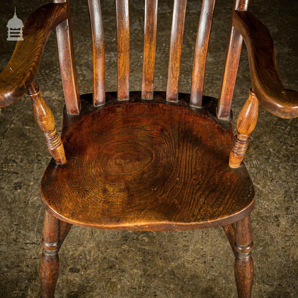 19th C Lath Back Windsor Armchair With H Stretcher And Turned Arm Supports photo for sale