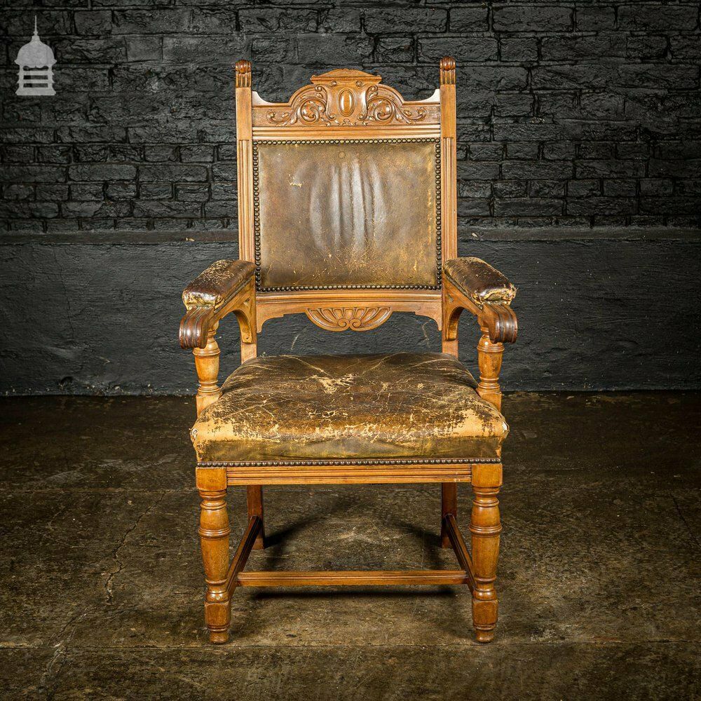 19th C Oak H Stretcher Throne Chair With Studded Worn Leather Seats, Arms And Back photo for sale