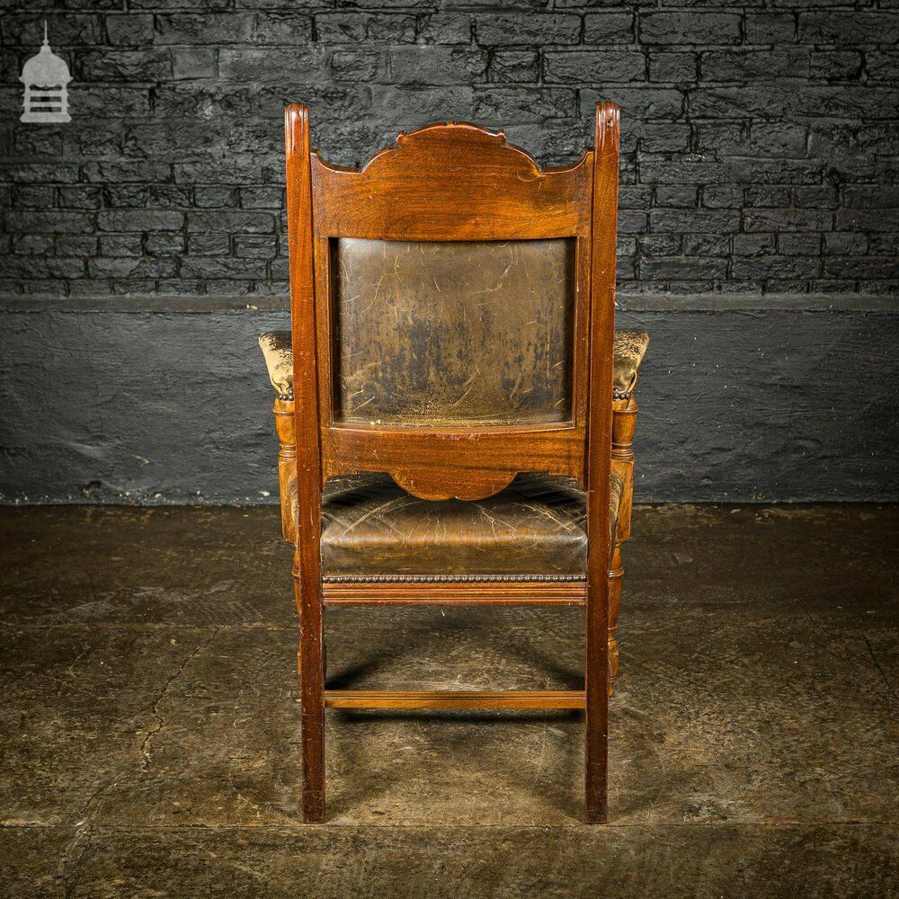 19th C Oak H Stretcher Throne Chair With Studded Worn Leather Seats, Arms And Back photo vinterior