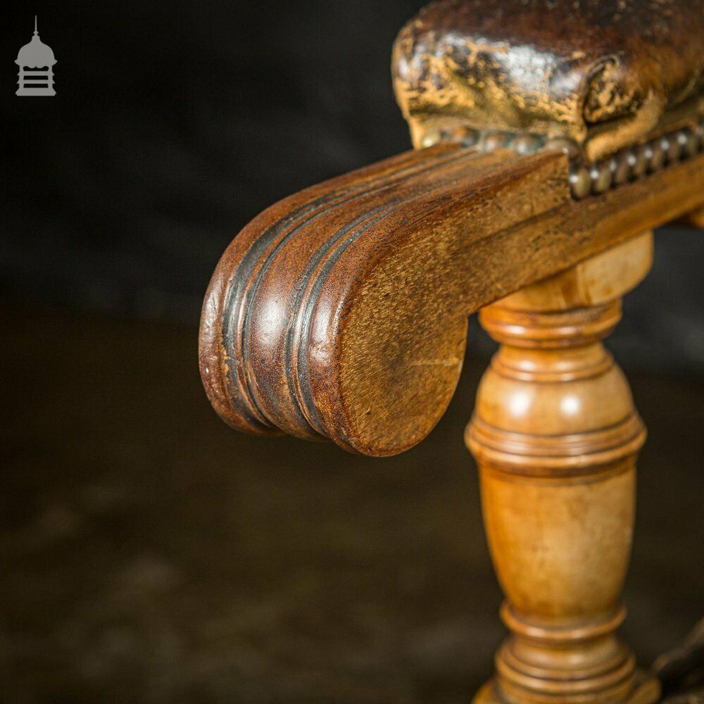 photo for sale 19th C Oak H Stretcher Throne Chair With Studded Worn Leather Seats, Arms And Back