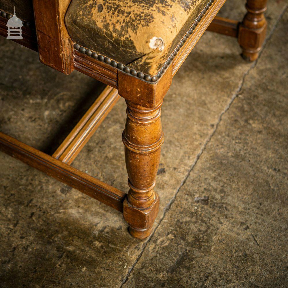 810.0 19th C Oak H Stretcher Throne Chair With Studded Worn Leather Seats, Arms And Back photo