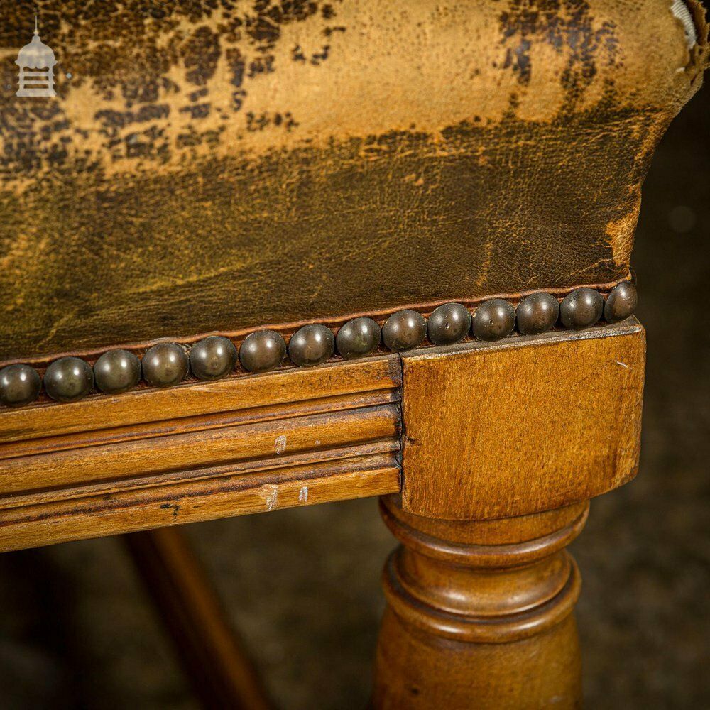 photo vinterior 19th C Oak H Stretcher Throne Chair With Studded Worn Leather Seats, Arms And Back