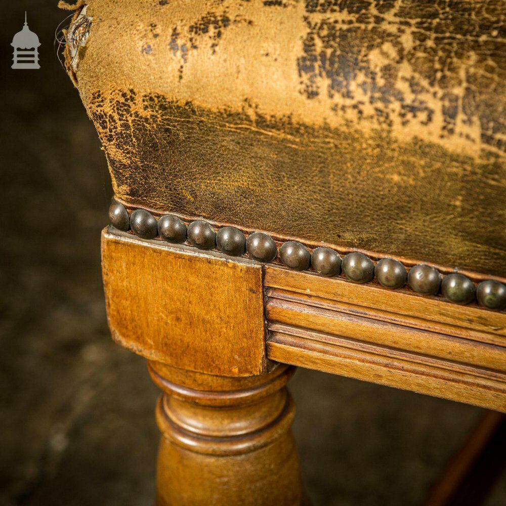 photo vintage 19th C Oak H Stretcher Throne Chair With Studded Worn Leather Seats, Arms And Back