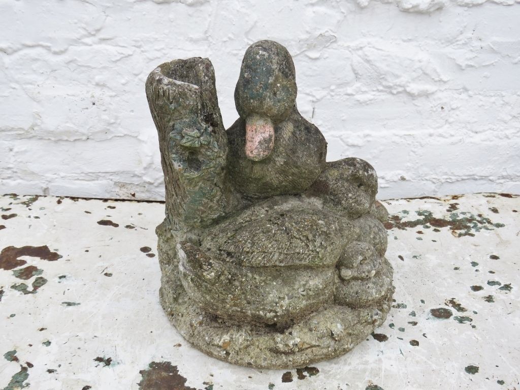 Vintage Family Of Statuary Weathered Garden Stone Ducks Ornament photo vinterior