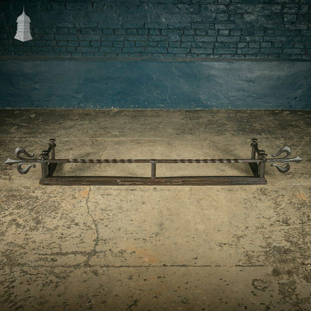 Fireplace Fender, Early 19th C Wrought Iron With Twist And Fleur De Lis