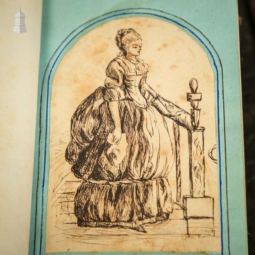 A 19th C Small Black Leather Bound Sketch Book Album Containing Various Original Drawings photo 600.0