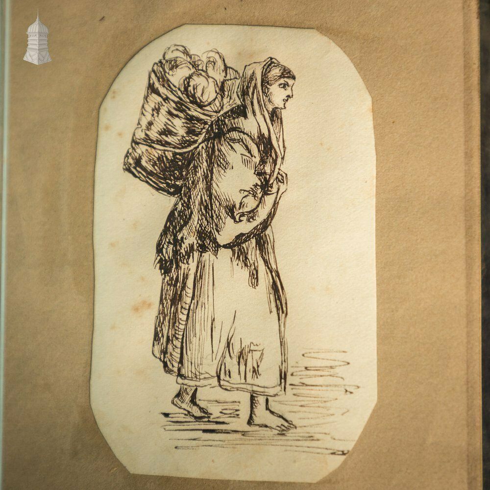 600.0 A 19th C Small Black Leather Bound Sketch Book Album Containing Various Original Drawings photo