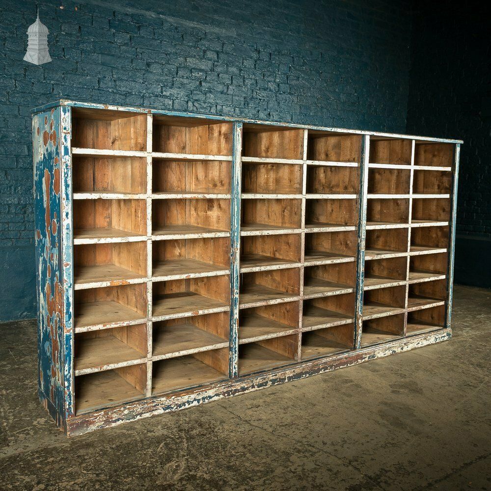 Industrial Pigeon Hole Shelf Unit With Distressed Blue Painted Finish photo for sale