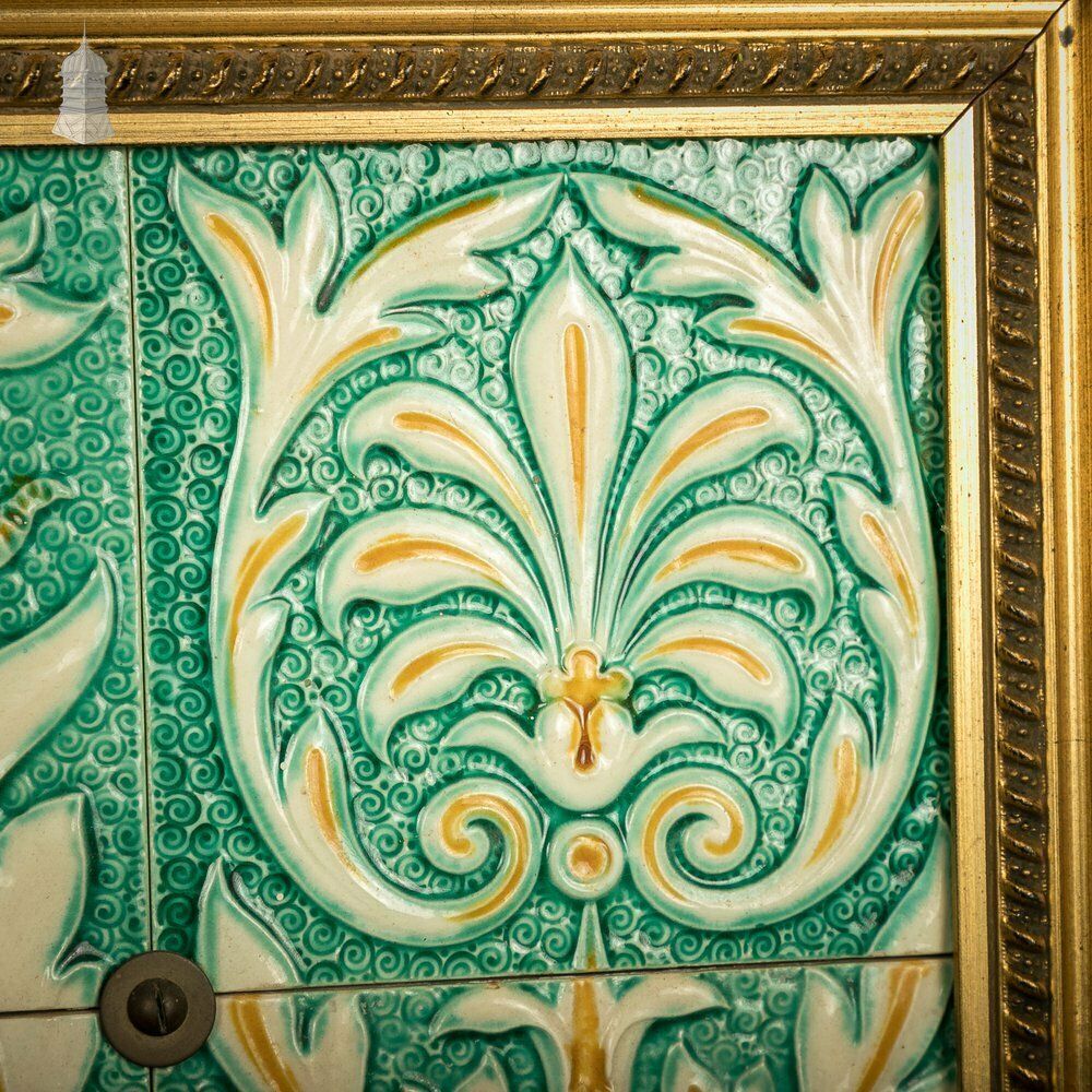 Set Of 8 Glazed Decorative Tiles From A Sainsburys Food Hall Mounted In Later Gold Frame photo vinterior