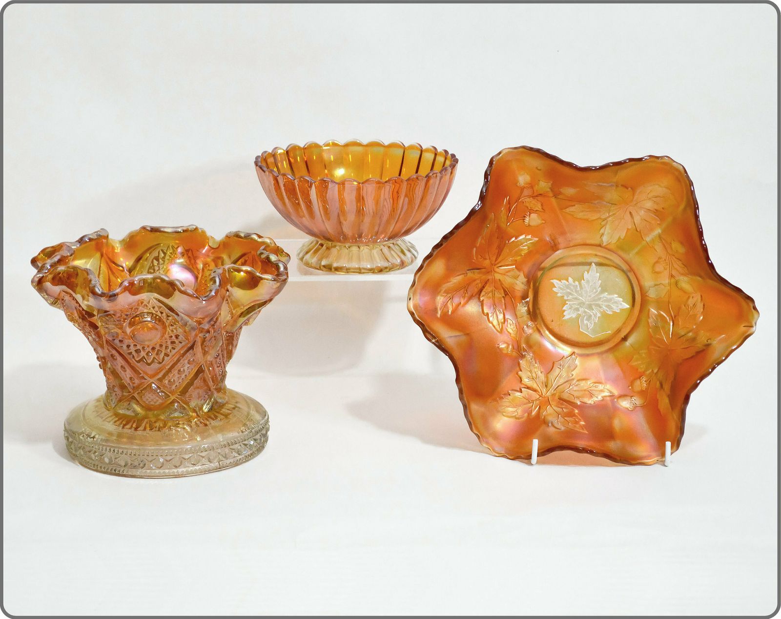 Carnival Glass Collection, Fenton Autumn Acorns Bowl, Imperial Hobstar Pedestal Vase, Imperial Pillar Flute Bowl photo furniture