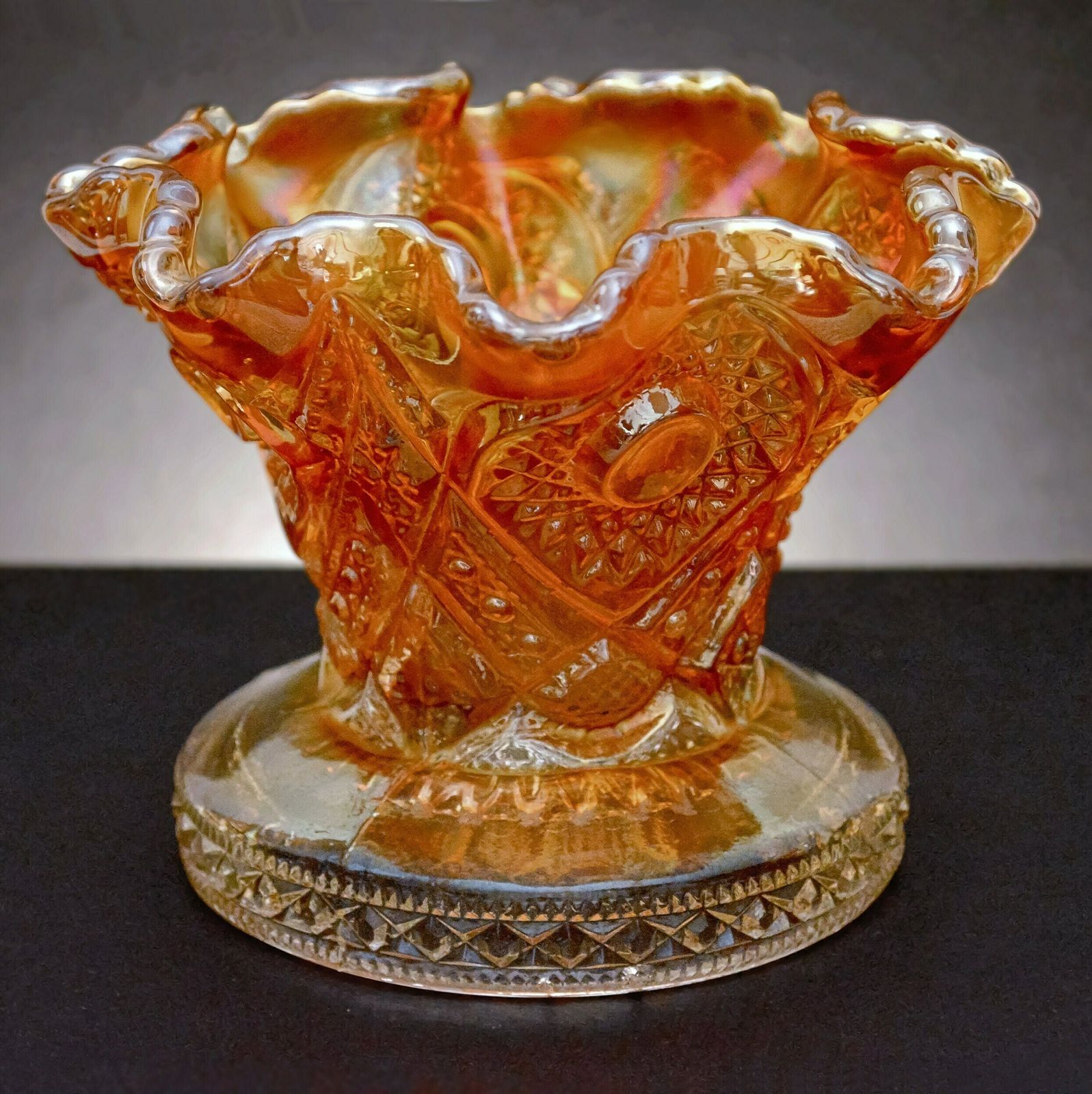 Carnival Glass Collection, Fenton Autumn Acorns Bowl, Imperial Hobstar Pedestal Vase, Imperial Pillar Flute Bowl photo for sale