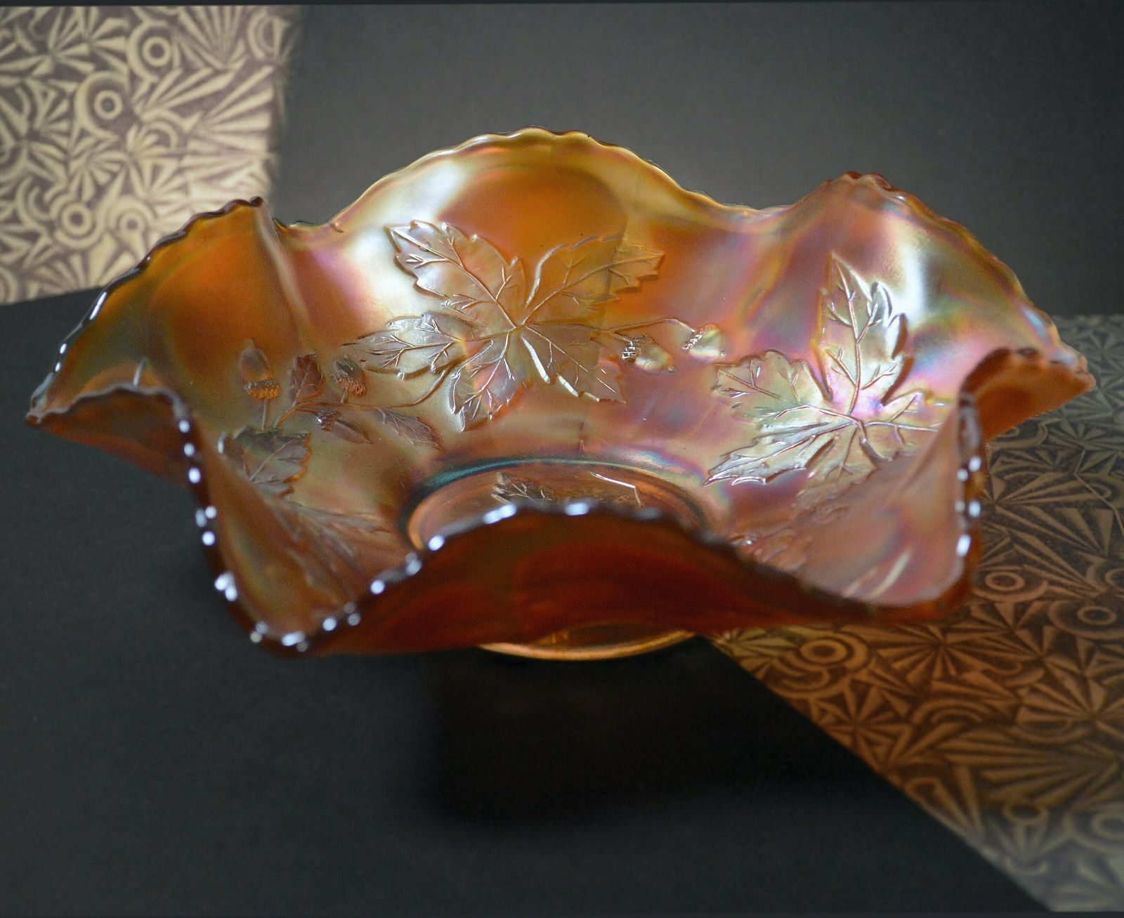photo furniture Carnival Glass Collection, Fenton Autumn Acorns Bowl, Imperial Hobstar Pedestal Vase, Imperial Pillar Flute Bowl
