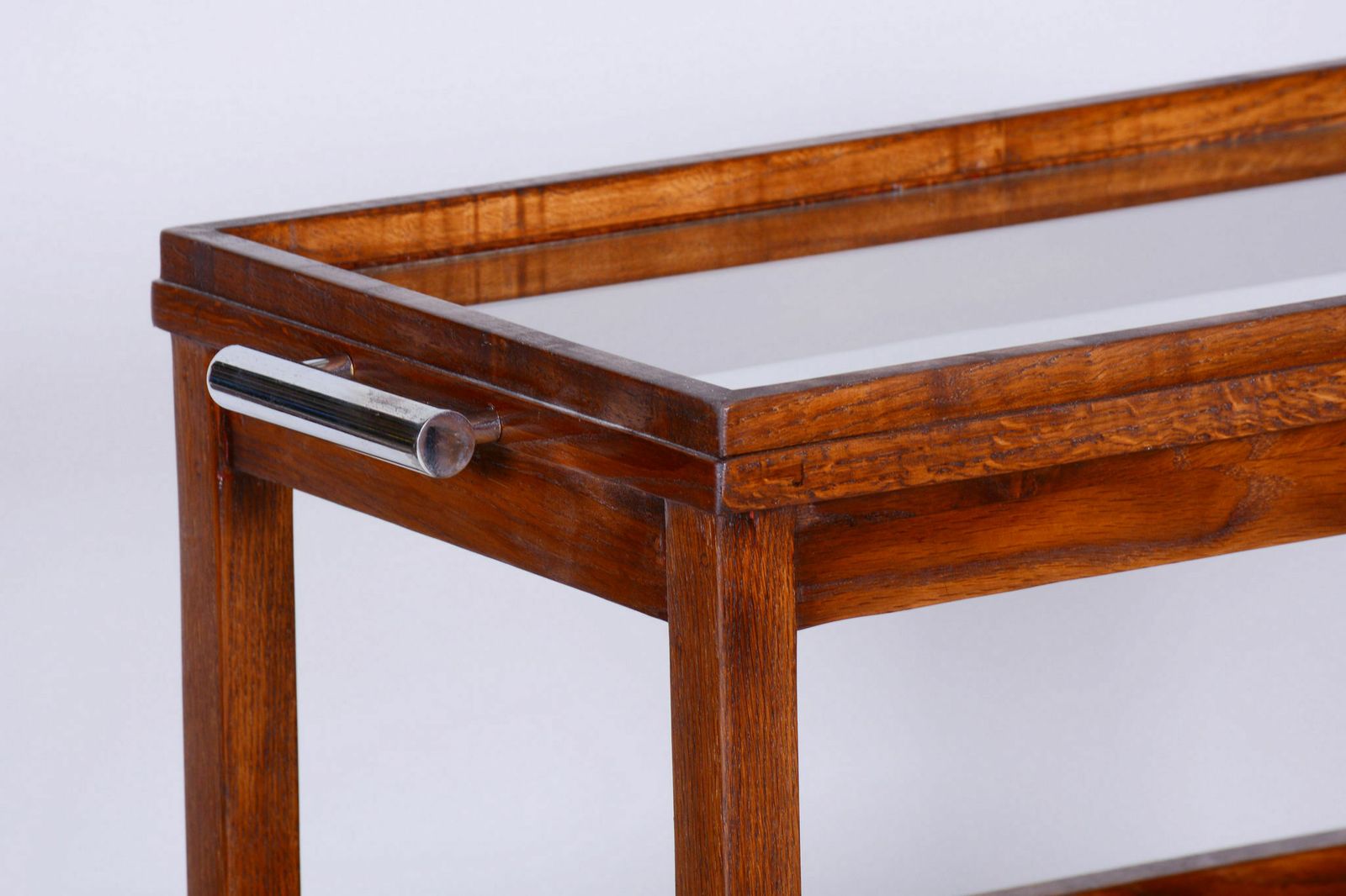 Restored Art Deco Trolley, By Thonet, Oak, Glass, Veneer, Chrome, Czech, 1920s photo for sale