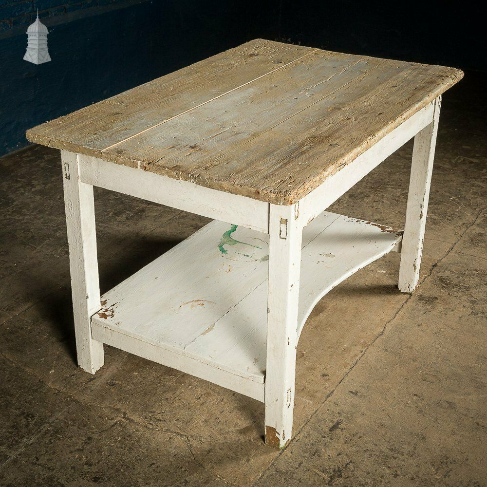 Small Rustic 18th C Pine Table With Distressed White Paint Finish photo vintage
