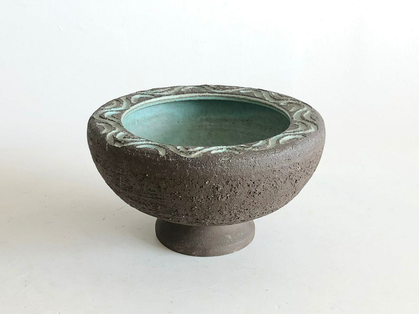 Danish Mid Century Modern Original Fine Art Ceramic Studio Vase With Turquoise Glaze And Raw Clay   Made By Løvemose, Denmark