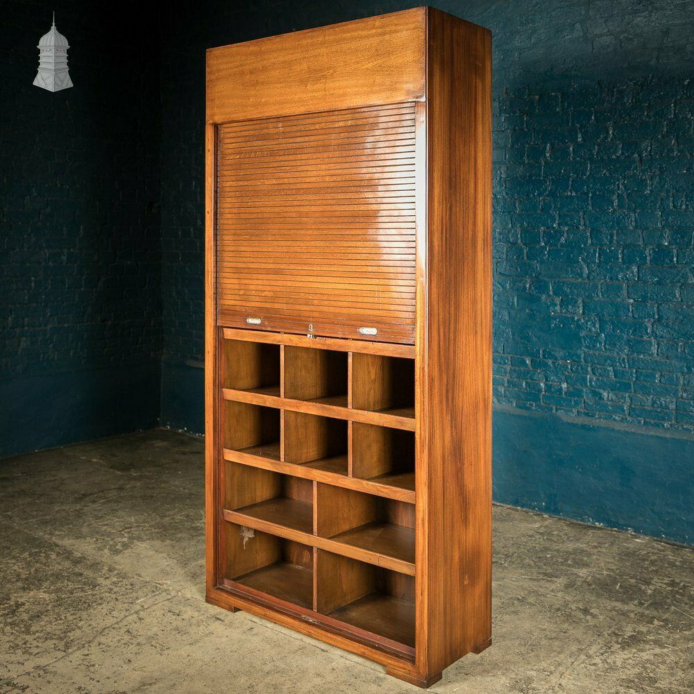 photo for sale Tambour Front Cabinet, Mahogany And Oak Construction With Internal Pigeonhole Shelving From A Liner
