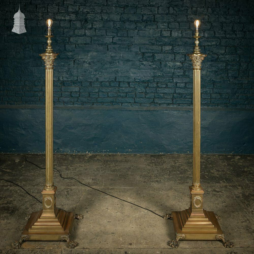 Brass Standard Lamps By Elkington & Co, Adjustable 19th C Neo Classical Corinthian Columns With Paw Feet